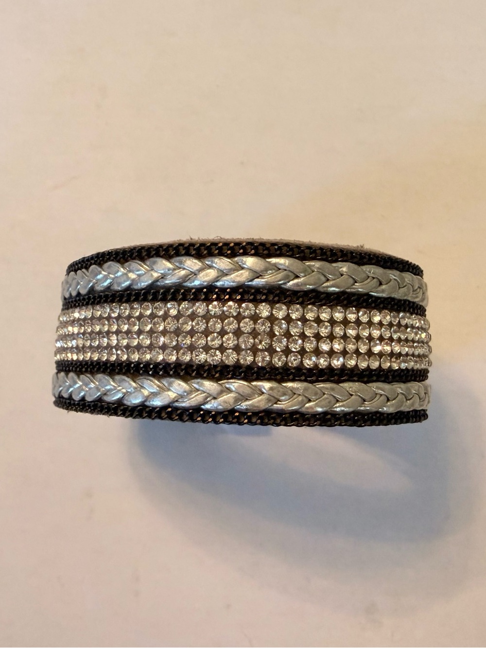 Rhinestone Braided Leather Cuff Bracelet - Black and Silver